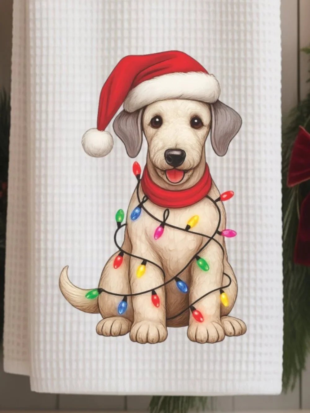 Bedlington Terrier Christmas Lights Decorative Kitchen Tea Towel